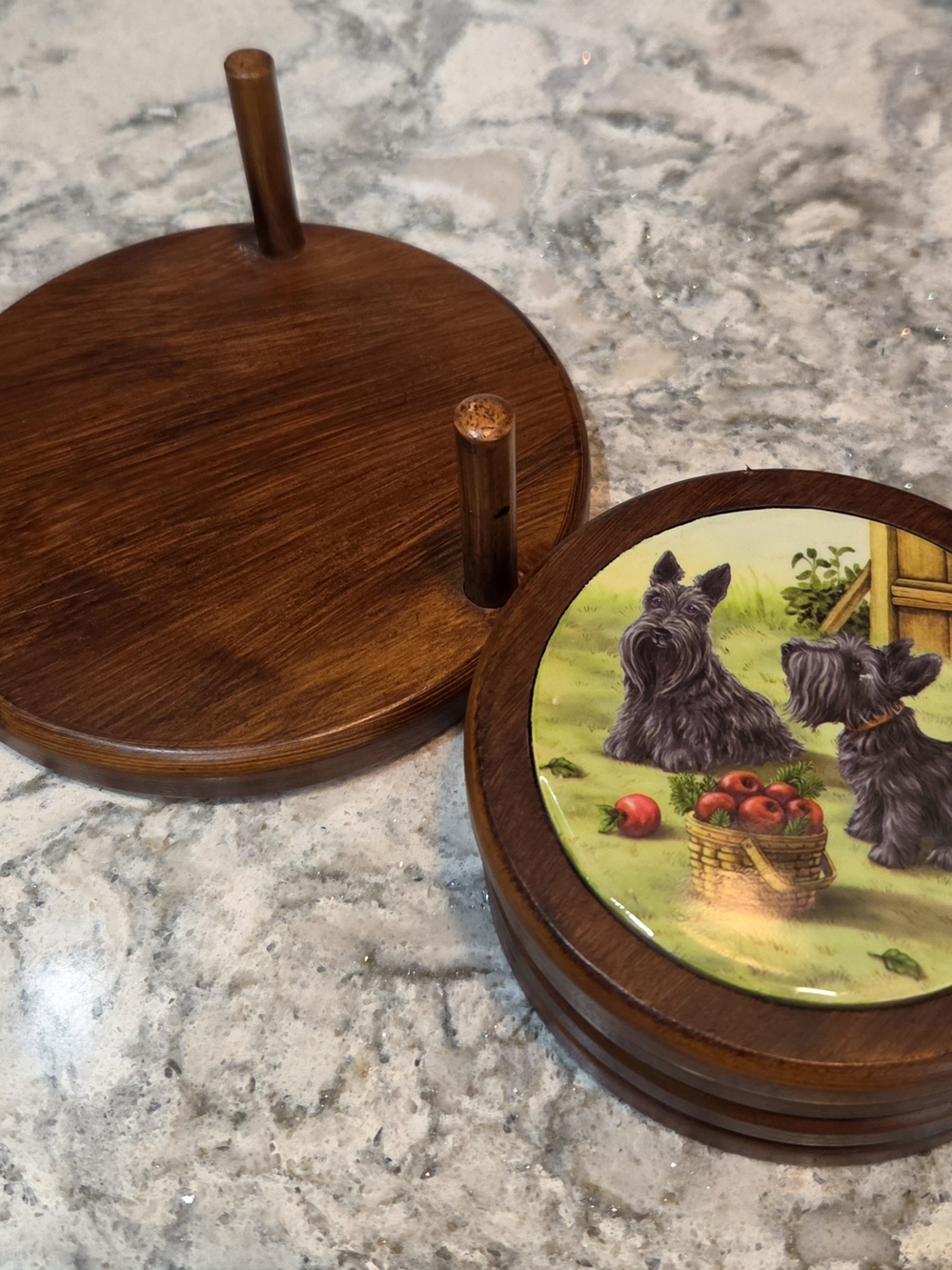 Set of 4 Coasters & Caddy Scottish Terriers Round Wood Ceramic Tiles Dogs 2002 - Picture 2 of 8